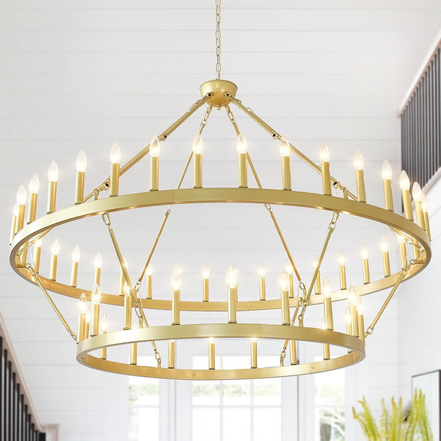 2 Tier Gold Wagon Wheel Chandelier 54-Light, 60 Inch Modern Large Foyer Lighting, Farmhouse Industrial Satin Gold Chandeliers for High Ceilings Dining Room Living Room Foyer Hall