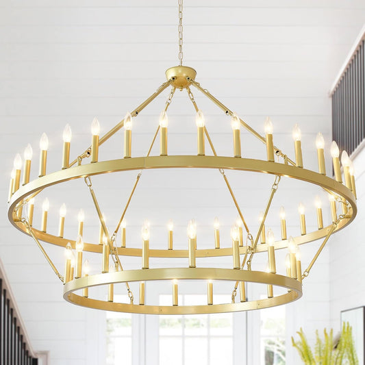 2 Tier Gold Wagon Wheel Chandelier 54-Light, 60 Inch Modern Large Foyer Lighting, Farmhouse Industrial Satin Gold Chandeliers for High Ceilings Dining Room Living Room Foyer Hall