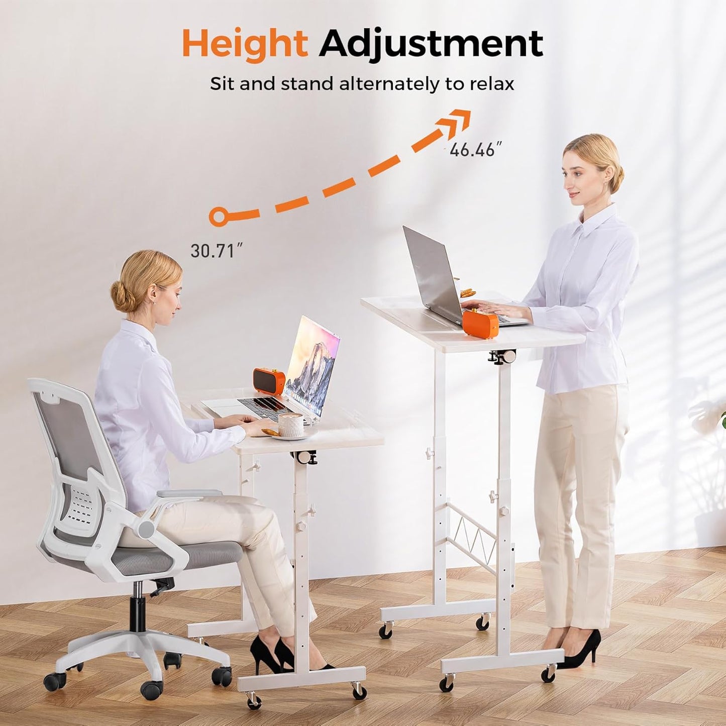 Small Standing Desk Adjustable Height & Tiltable Tabletop, Mobile Stand up Desk for Laptop, Portable Computer Table for Home Office Work and Walking Pad Treadmill, Height 30.7"-46.4", White