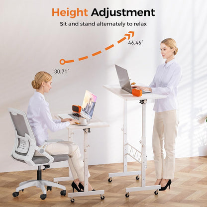 Small Standing Desk Adjustable Height & Tiltable Tabletop, Mobile Stand up Desk for Laptop, Portable Computer Table for Home Office Work and Walking Pad Treadmill, Height 30.7"-46.4", White