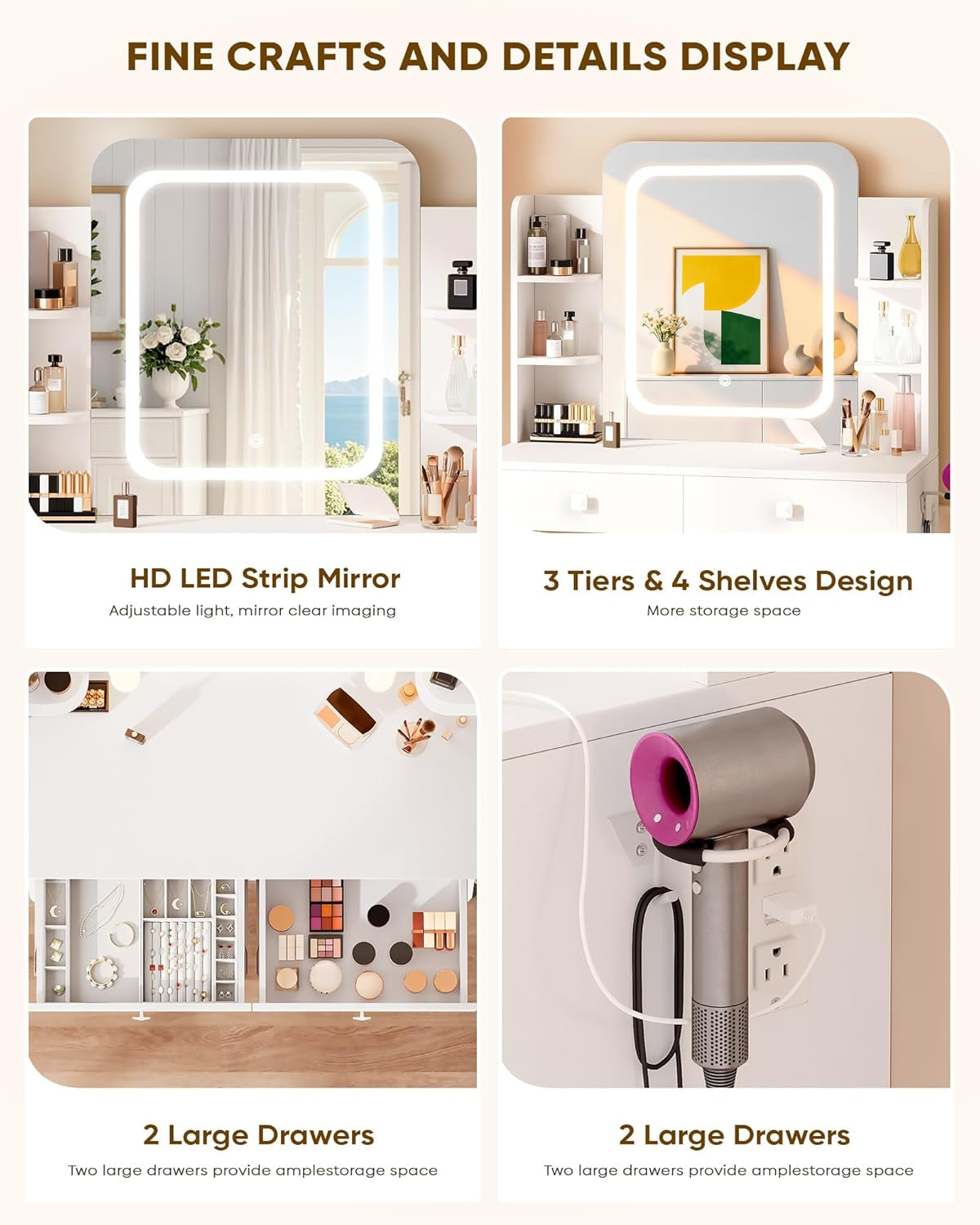 Small Makeup Vanity Desk, 29.5" W X 15.8" D X 51.2" H, White (Smart LED Mirror, Hairdryer Rack, Power-Outlet, 5 Shelves, 2 Drawers)