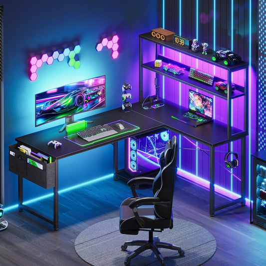 L Shaped Desk Gaming Desk with LED Light & Power Outlet, 53 Inch Reversible L Shaped Computer Table with Shelf & Storage Bag & Hook for Home Office, Black