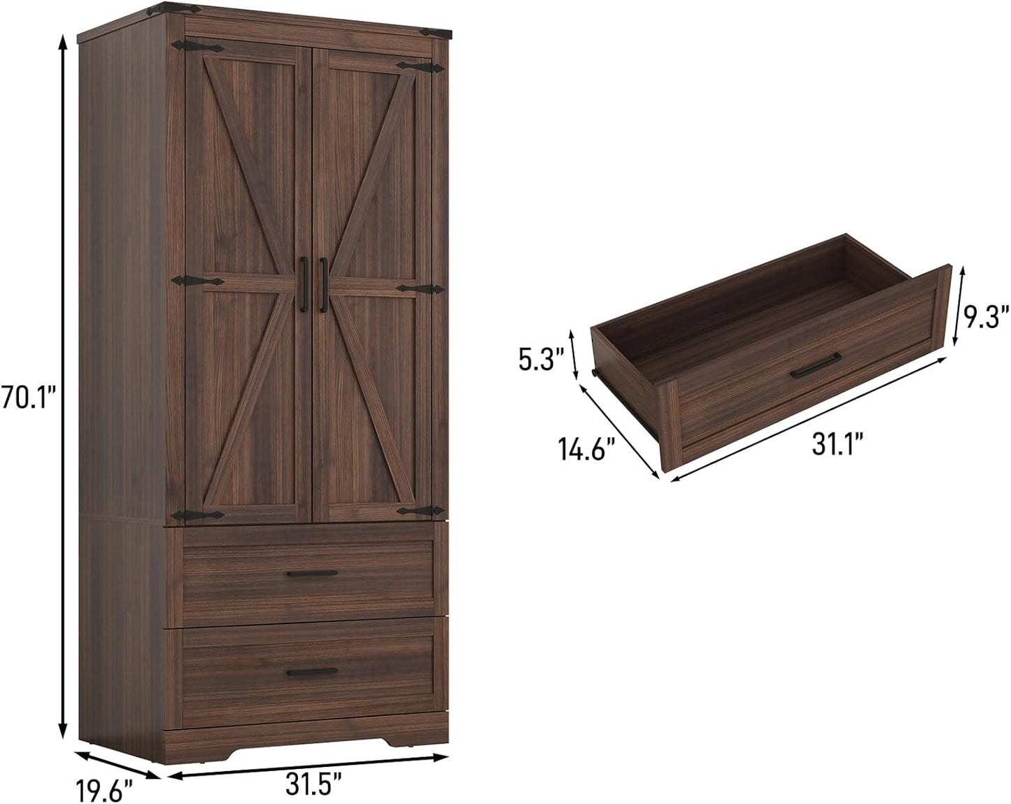 2 Doors Wardrobe Armoire Closet with Doors and Drawers, Farmhouse Wooden Armoire Storage Cabinet with Shelves & Hanging Rod for Bedroom, Brown