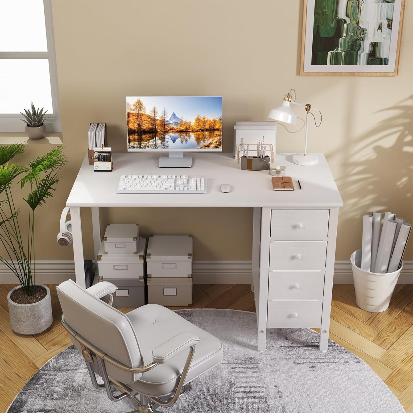 Small White Desk with Drawers for Bedroom, 40 Inch Kids Girls Study Desks, Reversible Computer Writing Nail Table with Fabric Drawer for Small Spaces Home Office Manicure