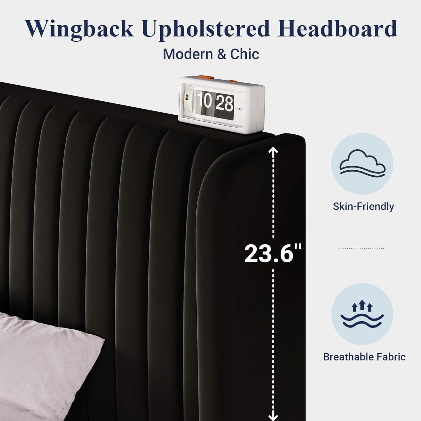 Queen Size Velvet Bed Frame/Vertical Channel Tufted Wingback Headboard/Upholstered Platform Bed/Strong Wooden Slats/No Box Spring Needed/Easy Assembly/Black