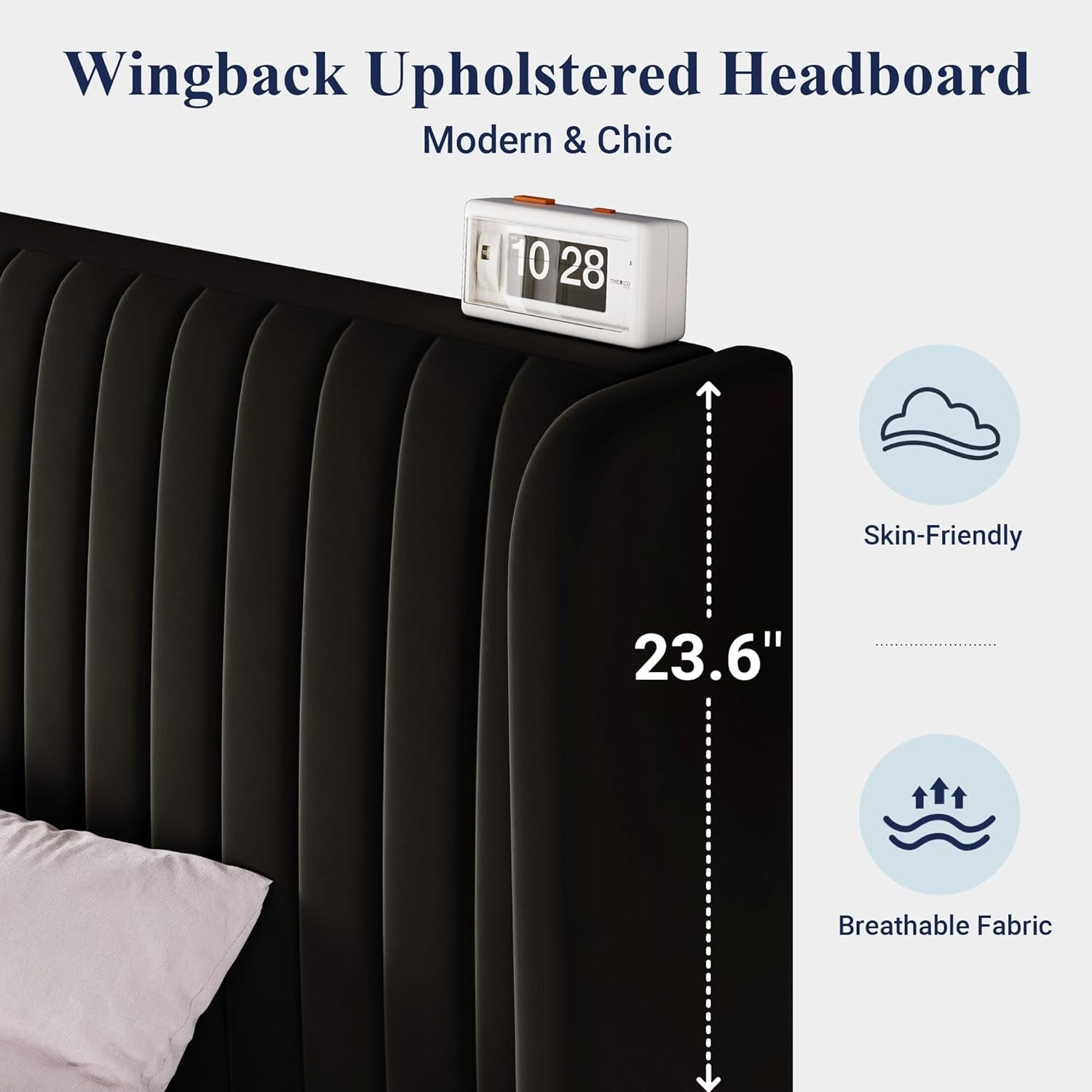 Queen Size Velvet Bed Frame/Vertical Channel Tufted Wingback Headboard/Upholstered Platform Bed/Strong Wooden Slats/No Box Spring Needed/Easy Assembly/Black