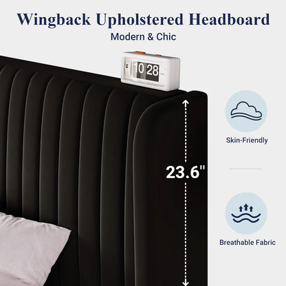 Queen Size Velvet Bed Frame/Vertical Channel Tufted Wingback Headboard/Upholstered Platform Bed/Strong Wooden Slats/No Box Spring Needed/Easy Assembly/Black