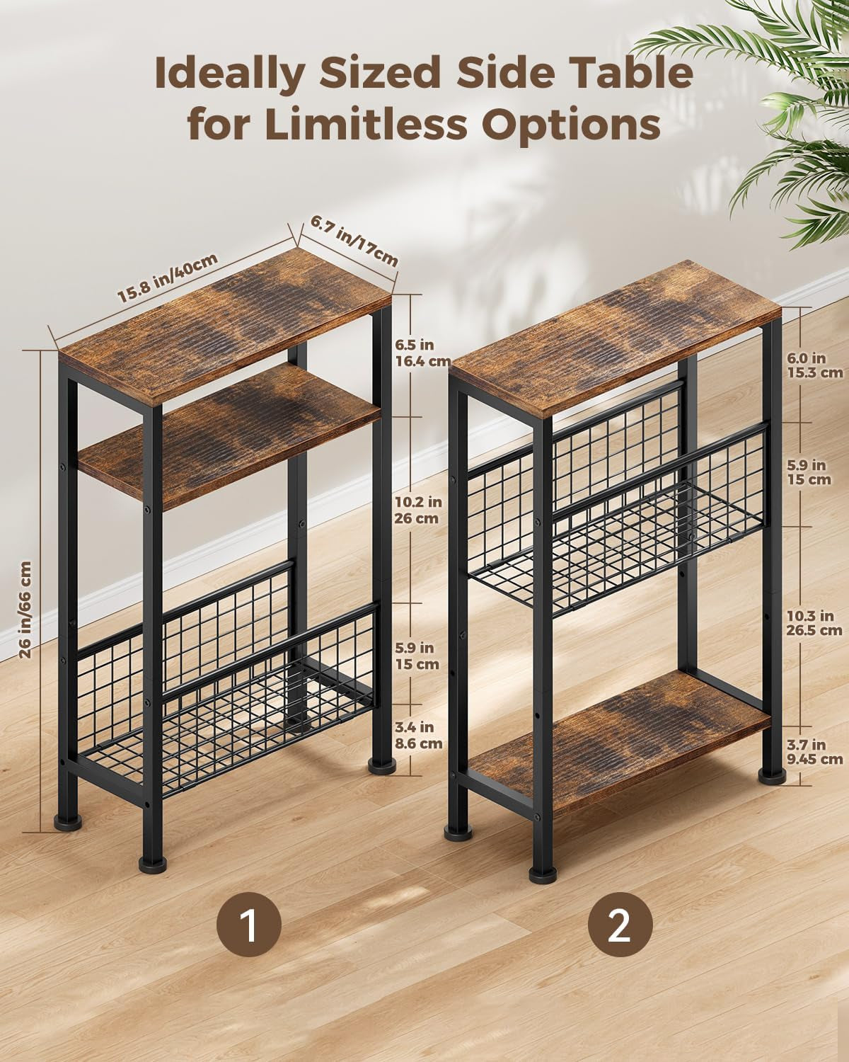 Narrow Side Table, Skinny End Table for Small Spaces with Storage, 3-Tier Slim Wooden Bedside Nightstand Thin Couch Table for Living Room Bedroom Office Dorm Kitchen Bathroom (Rustic Brown)