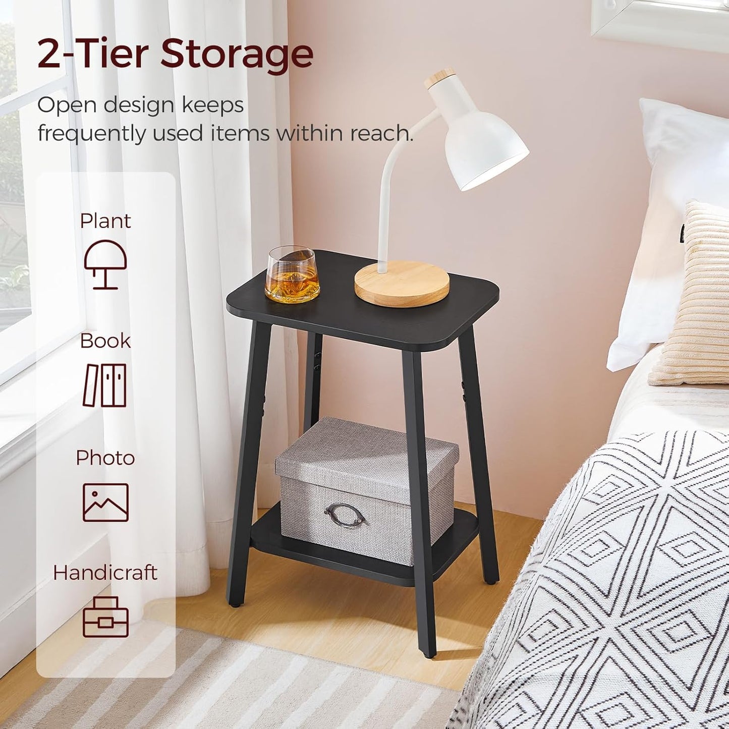 Side Table, Small Rectangular End Table with Storage Shelf, 2-Tier Bedside Table Sofa Couch Table, Nightstand for Small Spaces, Living Room, Bedroom, Black ETBK4701