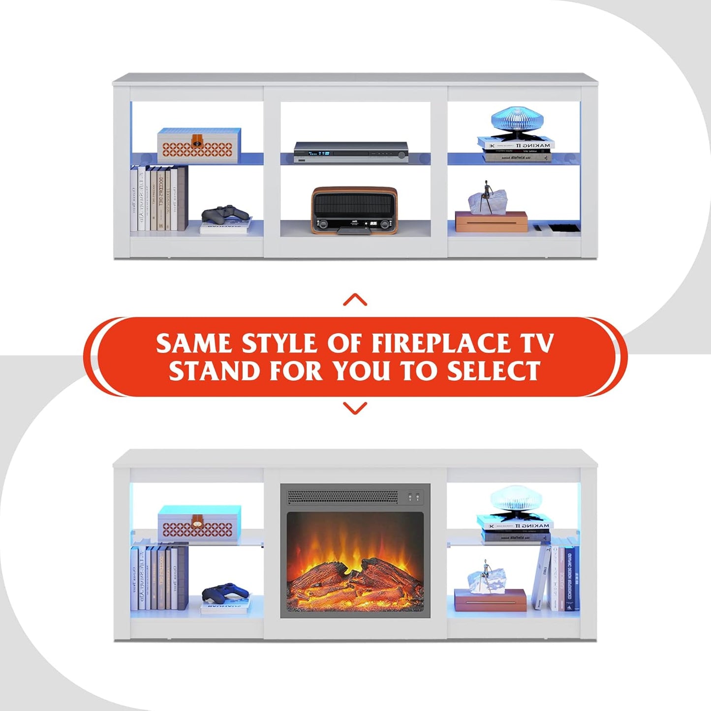 LED TV Stand for 65-Inch TV, 58-Inch Entertainment Center with Adjustable Glass Shelves, Modern Media Console for Living Room & Bedroom, White