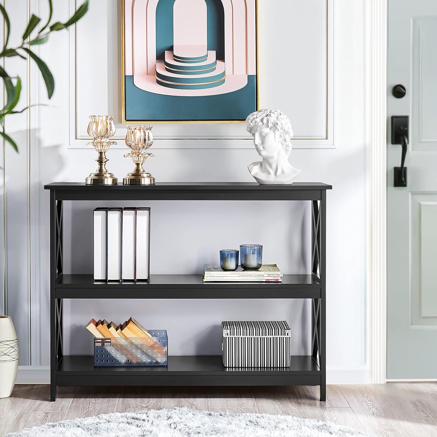 Television Stands & Entertainment Centers with 3 Tier Storage Shelf TV Stand for Living Room, Black