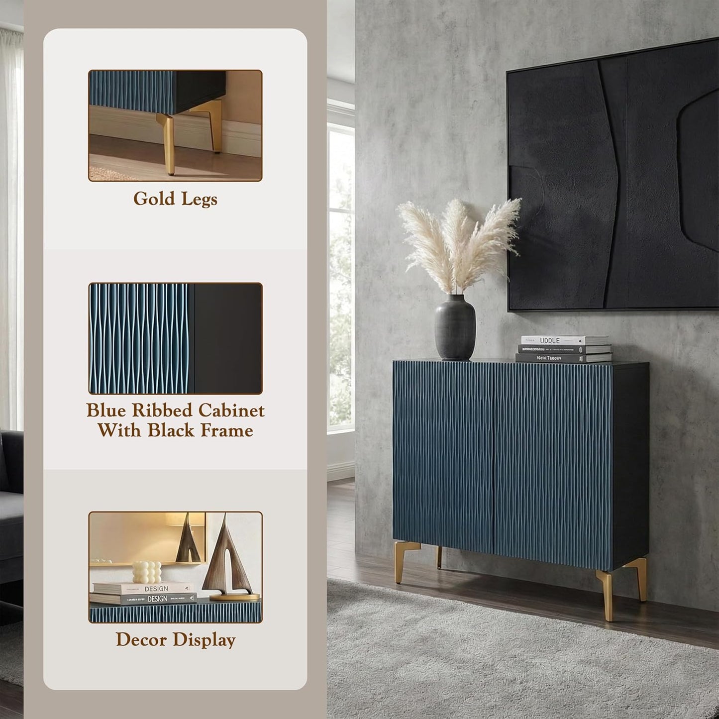 2-Door Storage Cabinet – Accent Sideboard Buffet in Blue & Black, Storage Cabinet for Living Room, Hallway, Kitchen, Dining Room, or Entryway