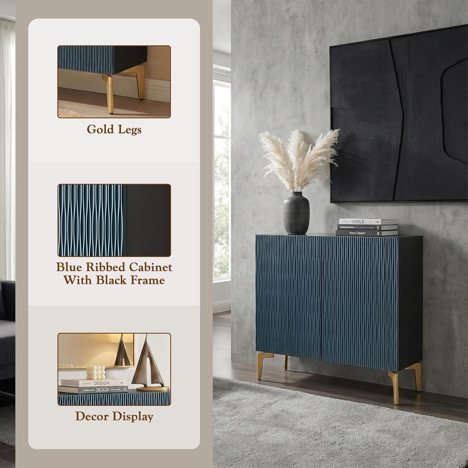 2-Door Storage Cabinet – Accent Sideboard Buffet in Blue & Black, Storage Cabinet for Living Room, Hallway, Kitchen, Dining Room, or Entryway