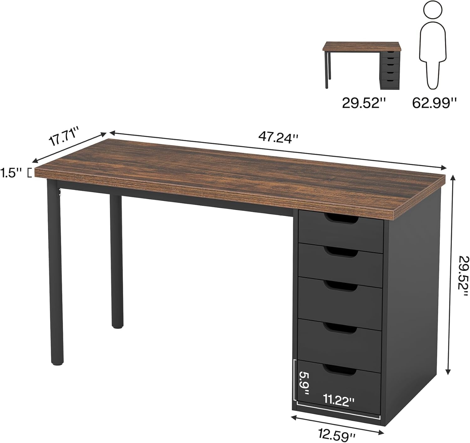 Computer Desk with 5 Drawers, 47 Inches Rustic Brown Home Office Desk with Storage, Modern Simple Laptop Desk Study Writing Table for Small Spaces (1, Brown+Black)