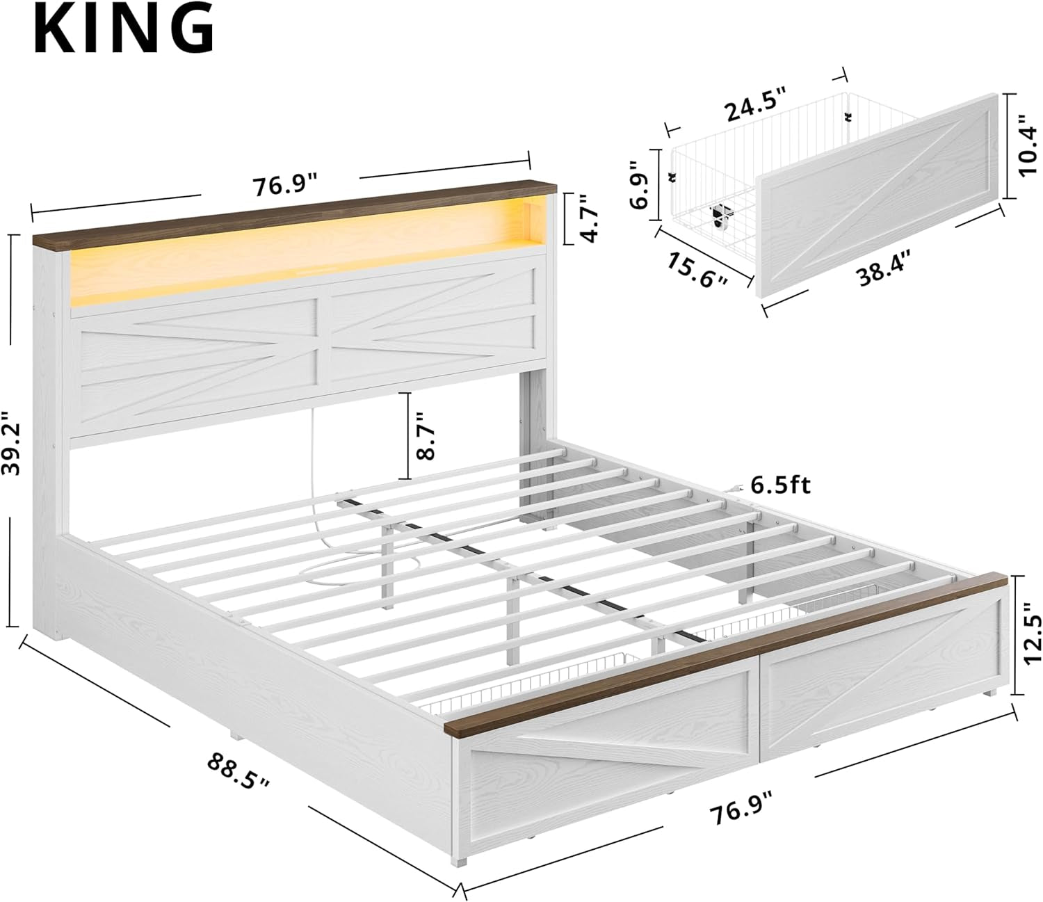 Farmhouse King Size Bed Frame with LED Light and Charging Station, Wood Bed Frame with Storage Headboard and 2 Drawers， Barn Door Design, Sturdy and Noiseless, White
