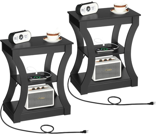 Black End Table Set of 2 with Charging Station, Skinny Side Table with USB Ports and Outlets, Nightstand, 3 Tier Bedside Table with Storage Shelf, Living Room, Bedroom, Small Space