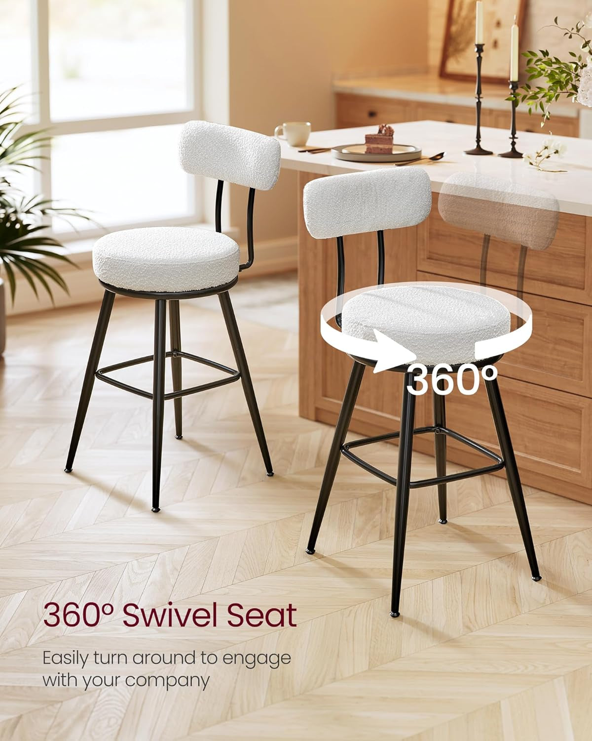 360° Swivel Bar Stools Set of 2, Counter Height Bar Stools with Back, Boucle Fabric, Contemporary Modern, 25.4 Inch Tall, Kitchen and Home Bar, Cloud White ULBC130W01V1