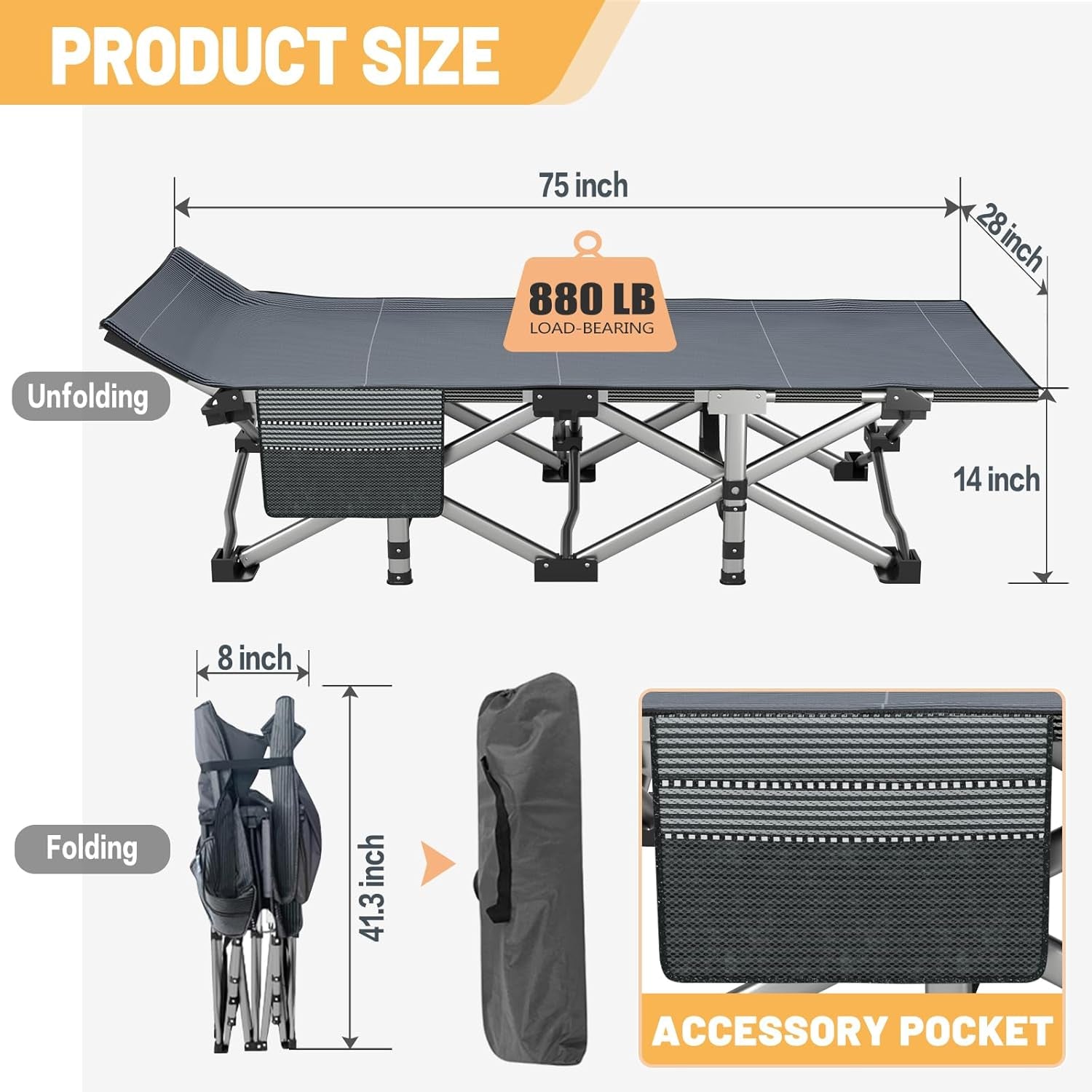 Folding Camping Cot with Mattress, 2 Pack Heavy Duty Folding Cot for Adults, Portable Sleeping Cot Bed Adults Outdoor Bed with Carry Bag, Travel Camp Cots