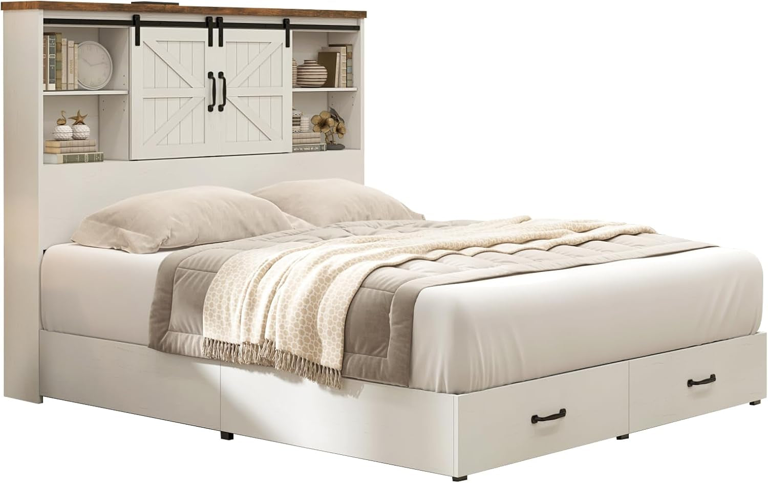 Queen Size Bed Frame with 51.2" Bookcase Headboard, Wood Platform Bed with Sliding Barn Door & Charging Station, Storage Bed with 2 Drawers, Farmhouse/No Box Spring Needed/White