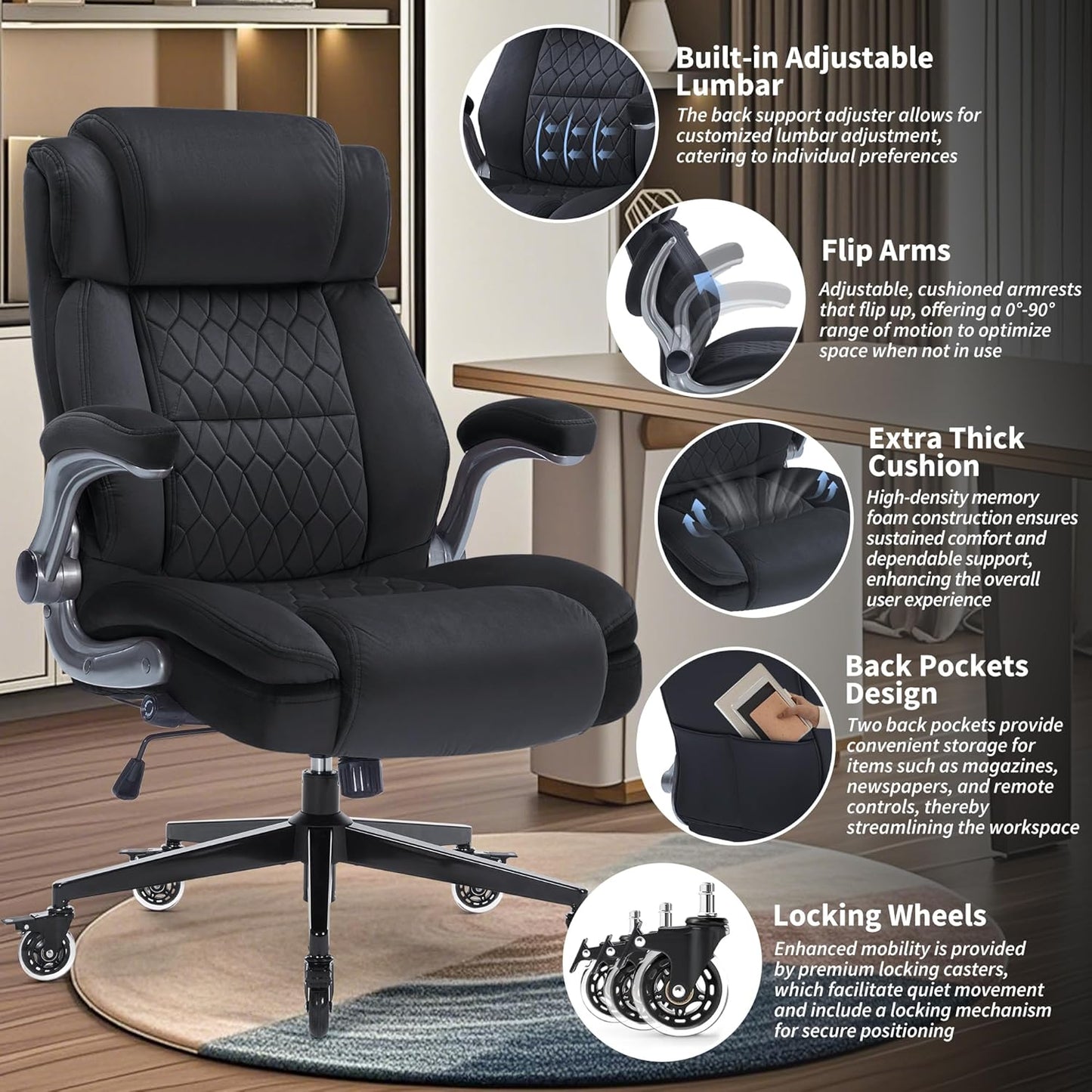 Fabric High Back Office Chair 400Lbs-Adjustable Built-In Lumbar Support，Flip Arms, Locking Wheels-Ergonomic Computer Desk Chair with Heavy Duty Base，Thick Padded Large Work Chairs for Adults Men Women