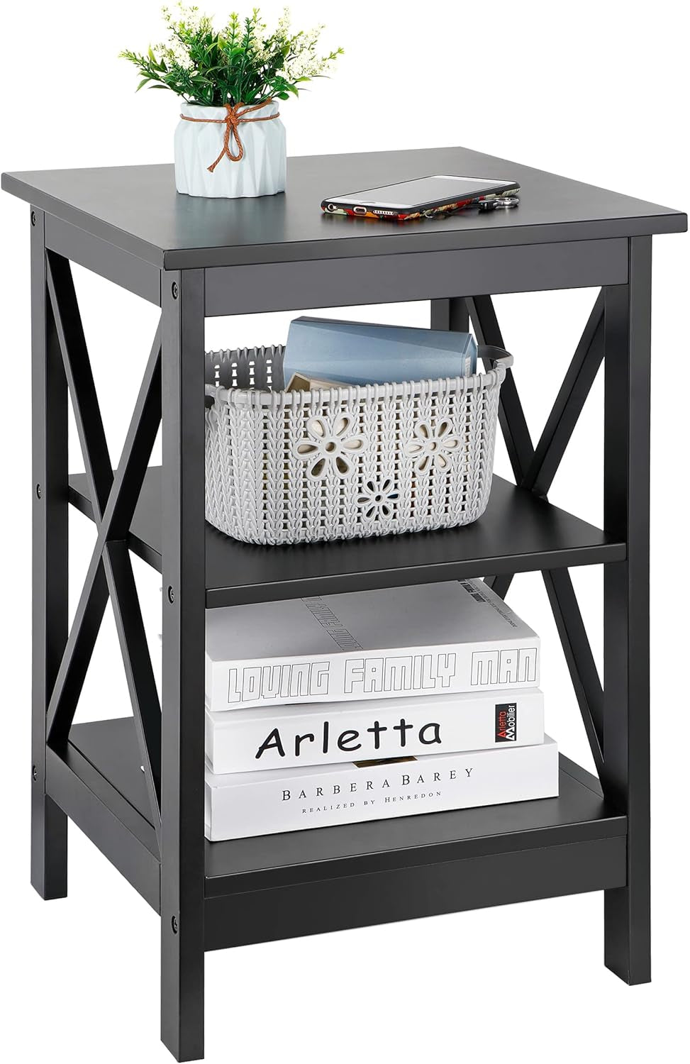 3-Tier End Table with Storage Shelves Versatile X-Design Wood Sofa Side Table for Living Room Bedroom Apartment Small Spaces, Black