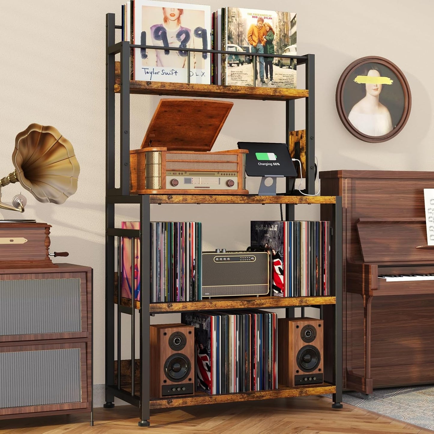Record Player Stand with Vinyl Storage, Turntable Stand Holds up to 300 Albums, Large Record Player Table with Charge Station, Vinyl Record Stand for Living Room