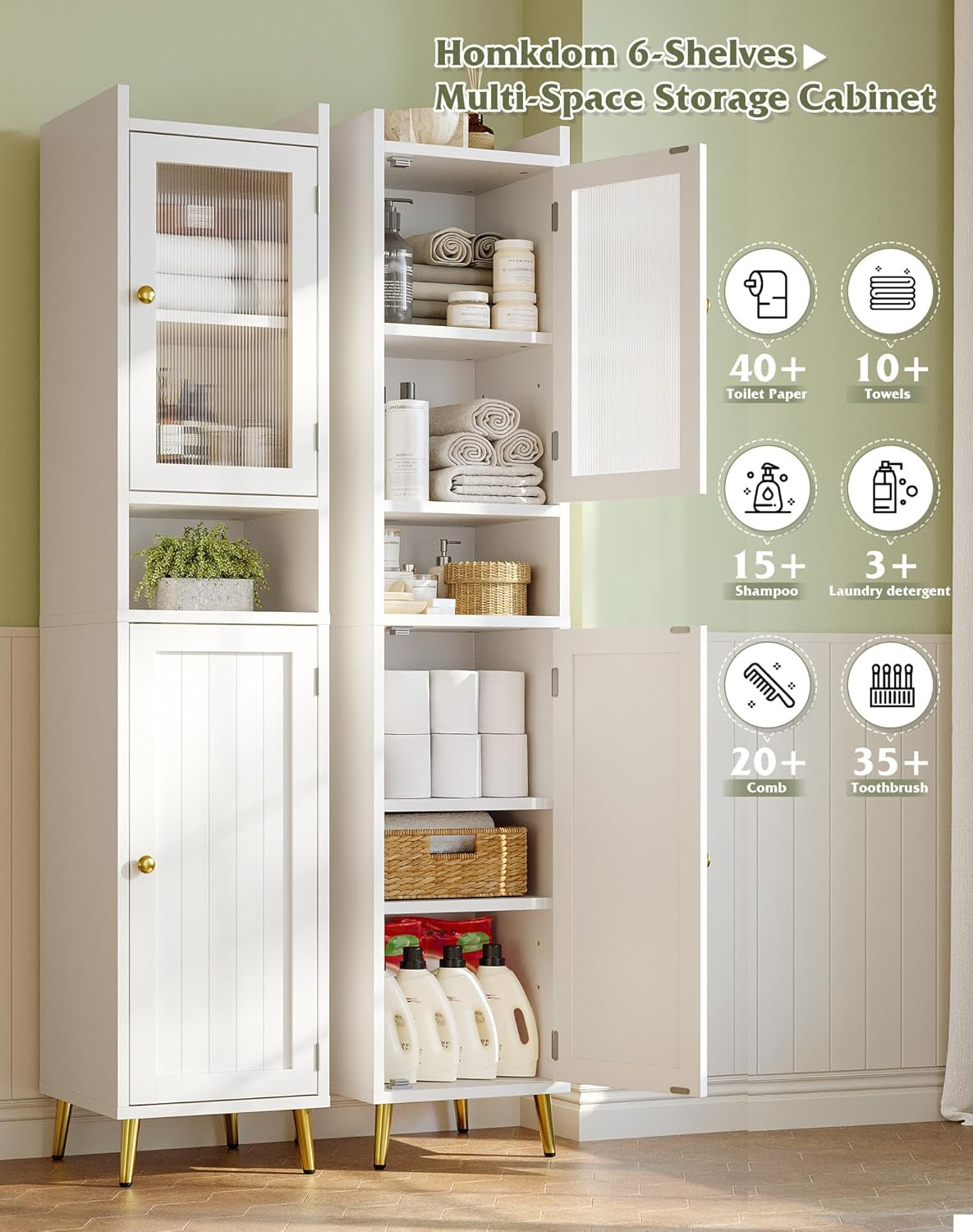 69'' Tall Bathroom Storage Cabinet with 2 Adjustable Shelves, White 6 Tier Narrow Bathroom Cabinet with 2 Doors, Slim Linen Cabinets for Brathroom,Home Office