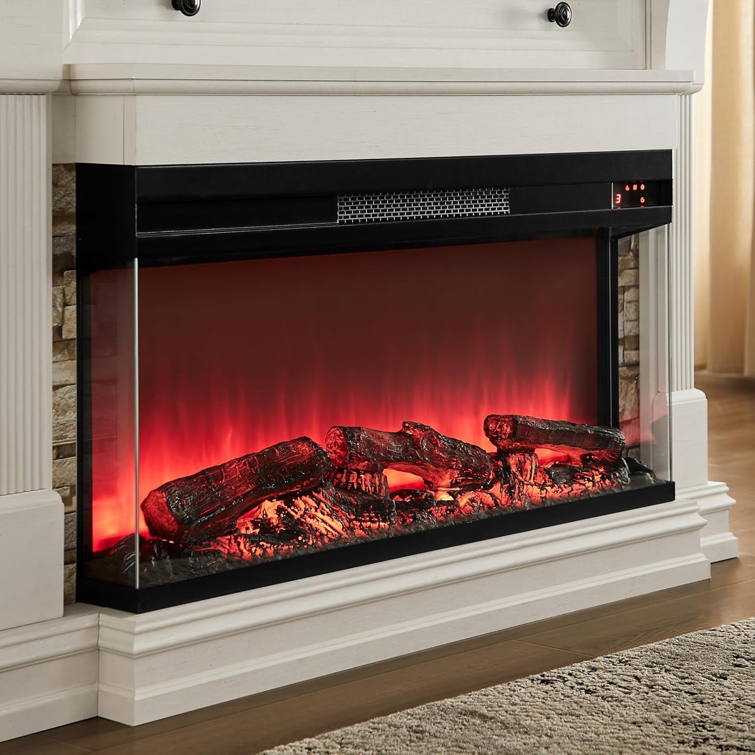 52 Inch Electric Fireplace with Mantel, Fireplace TV Stand with 36" 3-Sided Glass Electric Fireplace Heater for Living Room (Antique White)