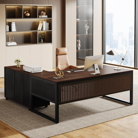 63-Inch L-Shaped Executive Desk with Mobile File Cabinet, Large Office Computer Desk, Business Furniture Table with Drawers and Storage Shelves for Home Office, Dark Walnut & Black