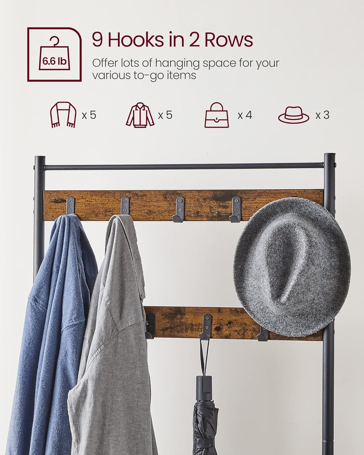 Coat Rack, Hall Tree with Shoe Storage Bench, Entryway Bench with Shoe Storage, 3-In-1, Steel Frame, for Entryway, 12.6 X 27.6 X 68.9 Inches, Industrial, Rustic Brown and Black UHSR41BX