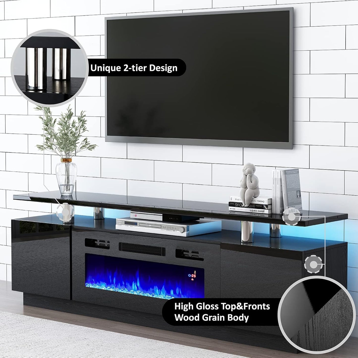110" Large Fireplace TV Stand Set with 36" Electric Fireplace, Includes 70" 2-Tier Fireplace TV Stand, 2 X End Tables, Modern High Gloss TV Console with LED Light for Living Room, Black
