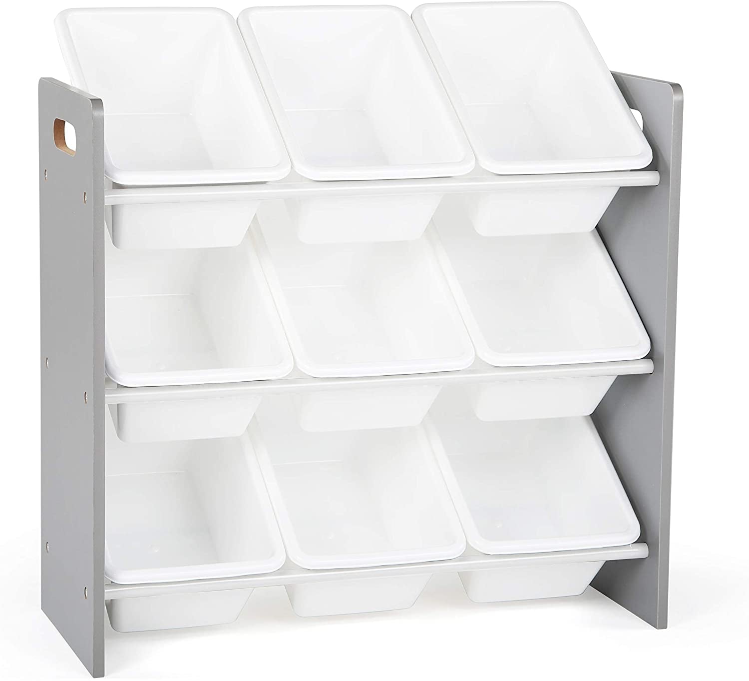 9-Bin Toy Organizer – Inspire Grey with White Plastic Bins, 3-Tier Storage Solution for Kids' Playrooms and Nurseries