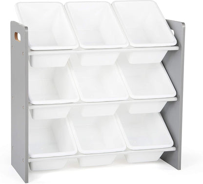 9-Bin Toy Organizer – Inspire Grey with White Plastic Bins, 3-Tier Storage Solution for Kids' Playrooms and Nurseries