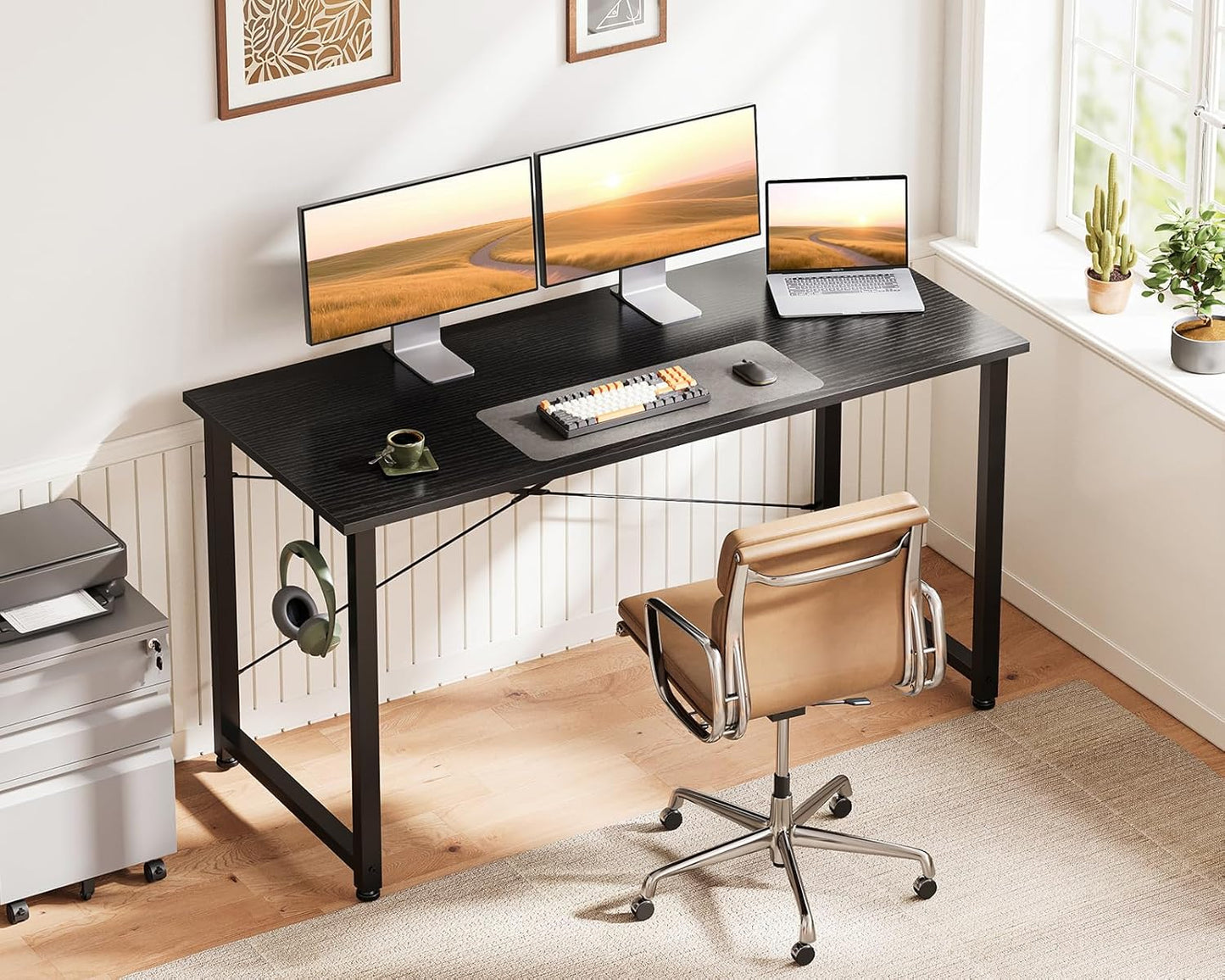 48 Inch Small Computer Desk for Home Office, Study Writing Table for Small Spaces, Simple Modern Desk with Headphone Hooks, Pure Black