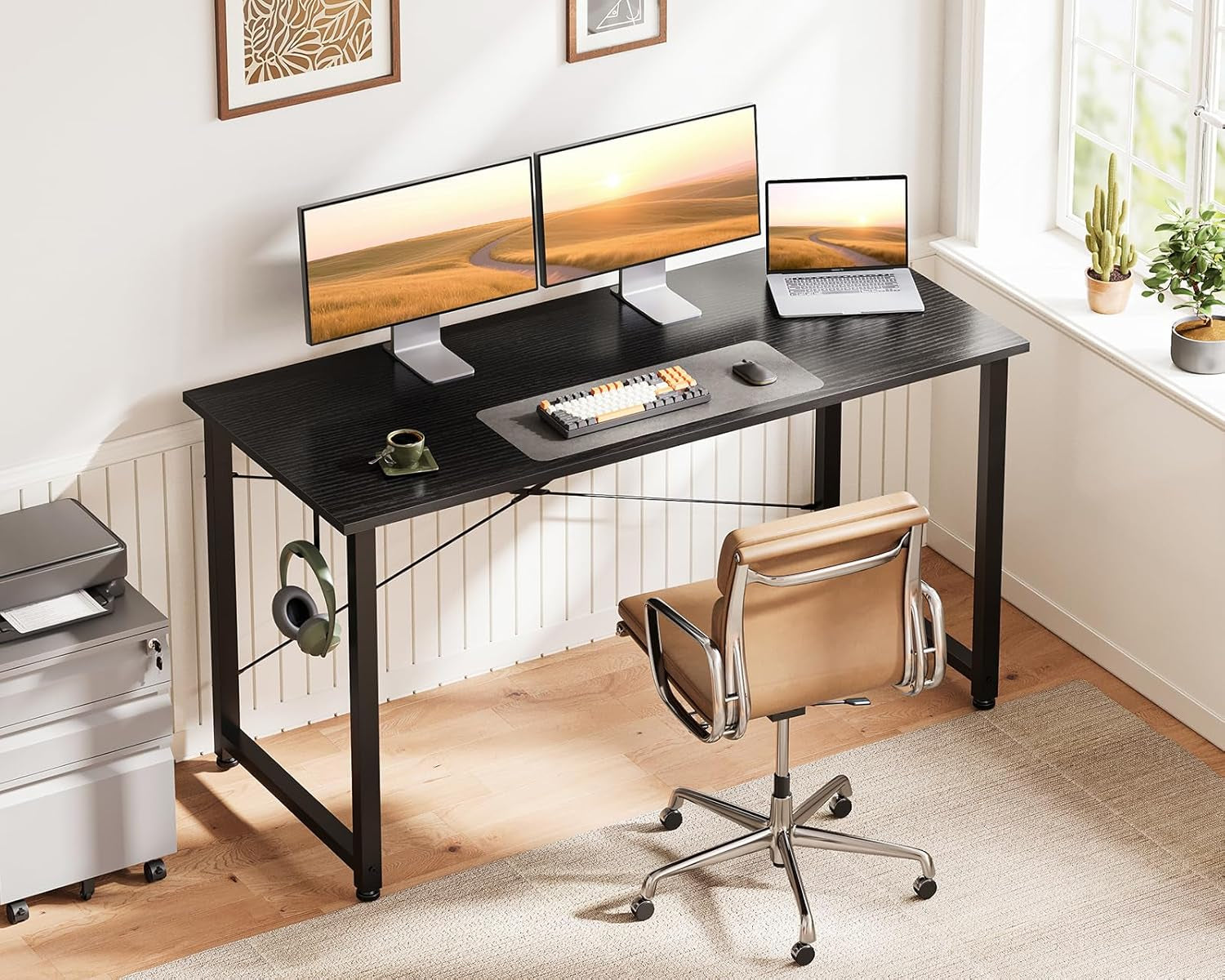 48 Inch Small Computer Desk for Home Office, Study Writing Table for Small Spaces, Simple Modern Desk with Headphone Hooks, Pure Black
