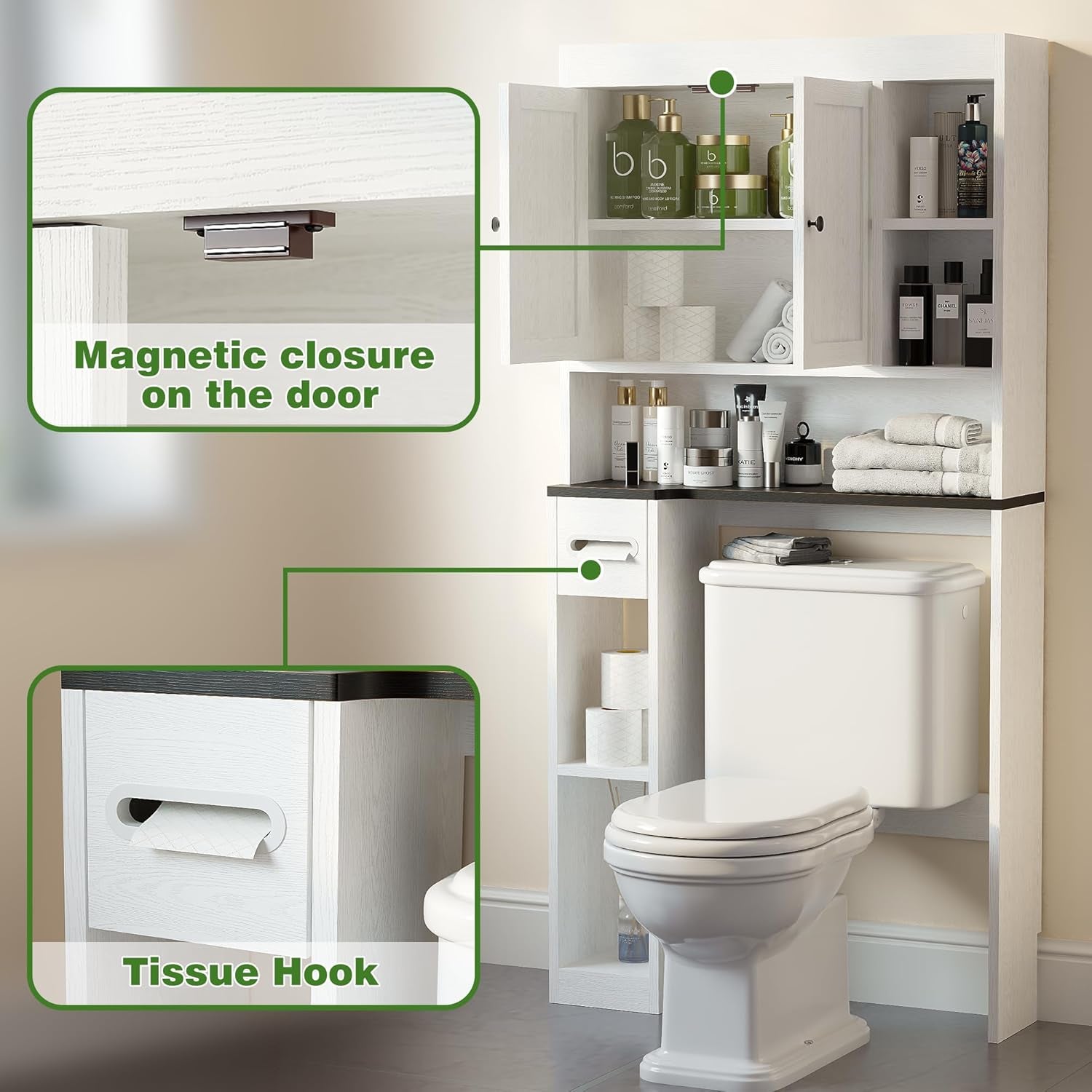 Over the Toilet Storage Cabinet with 7 Shelves, Imitation Walnut Grain above Toilet Bathroom Organizer with Toilet Paper Holder Stand, Space Saver for Restroom, Bathroom, Laundry (White)