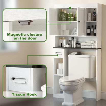 Over the Toilet Storage Cabinet with 7 Shelves, Imitation Walnut Grain above Toilet Bathroom Organizer with Toilet Paper Holder Stand, Space Saver for Restroom, Bathroom, Laundry (White)