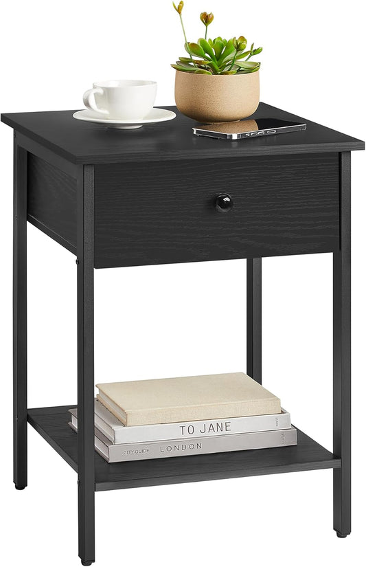 Nightstand, End Table, Side Table with Drawer and Shelf, 15.7 X 15.7 X 21.7 Inches, Bedroom, Steel Frame, Easy Assembly, Modern, Ebony Black ULET055B56