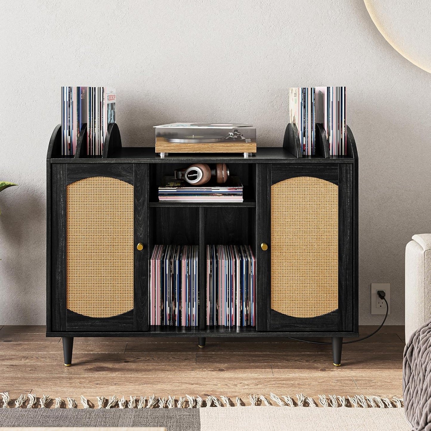 Mid-Century Record Player Stand, Vinyl Record Storage Cabinet Holds up to 350+ Albums, Rattern Decorated Turntable Stand with Power Outlet for Living Room, Office - Brown