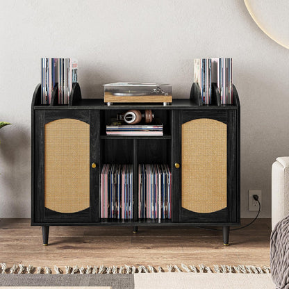 Mid-Century Record Player Stand, Vinyl Record Storage Cabinet Holds up to 350+ Albums, Rattern Decorated Turntable Stand with Power Outlet for Living Room, Office - Brown