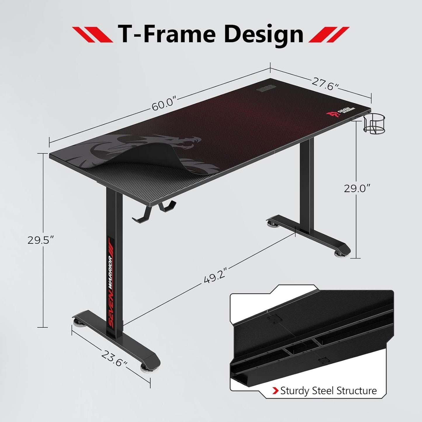 Gaming Desk 60 INCH, T- Shaped Carbon Fiber Surface Computer Desk with Full Mouse Pad, Ergonomic E-Sport Style Gamer Desk with Double Headphone Hook, USB Gaming Rack, Cup Holder