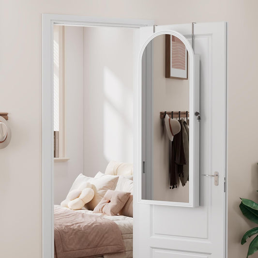 Tall Wall Mount Jewelry Armoire with Full-Length Mirror & 6 Leds - 47 in Lockable Arched Cabinet, 2 Drawers, Perfect for Christmas Gifts, Pure White