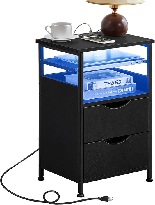 End Table with Charging Station, Narrow Side Table with 2 Drawers, Nightstand with 7 Color LED Light, Slim Bedside Table for Bedroom, Living Room, Small Spaces, Black