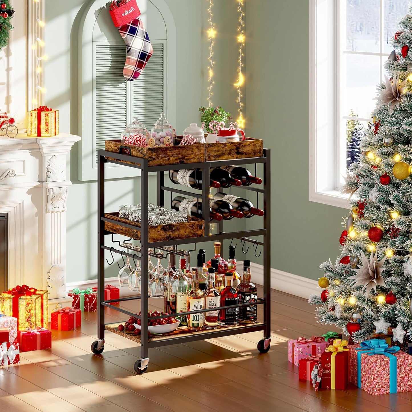 Bar Cart, Home Bar Serving Cart, 3-Tier Kitchen Cart on Wheels, Rolling Beverage Cart with Wine Rack and Glass Holder, Brown BC01BB037