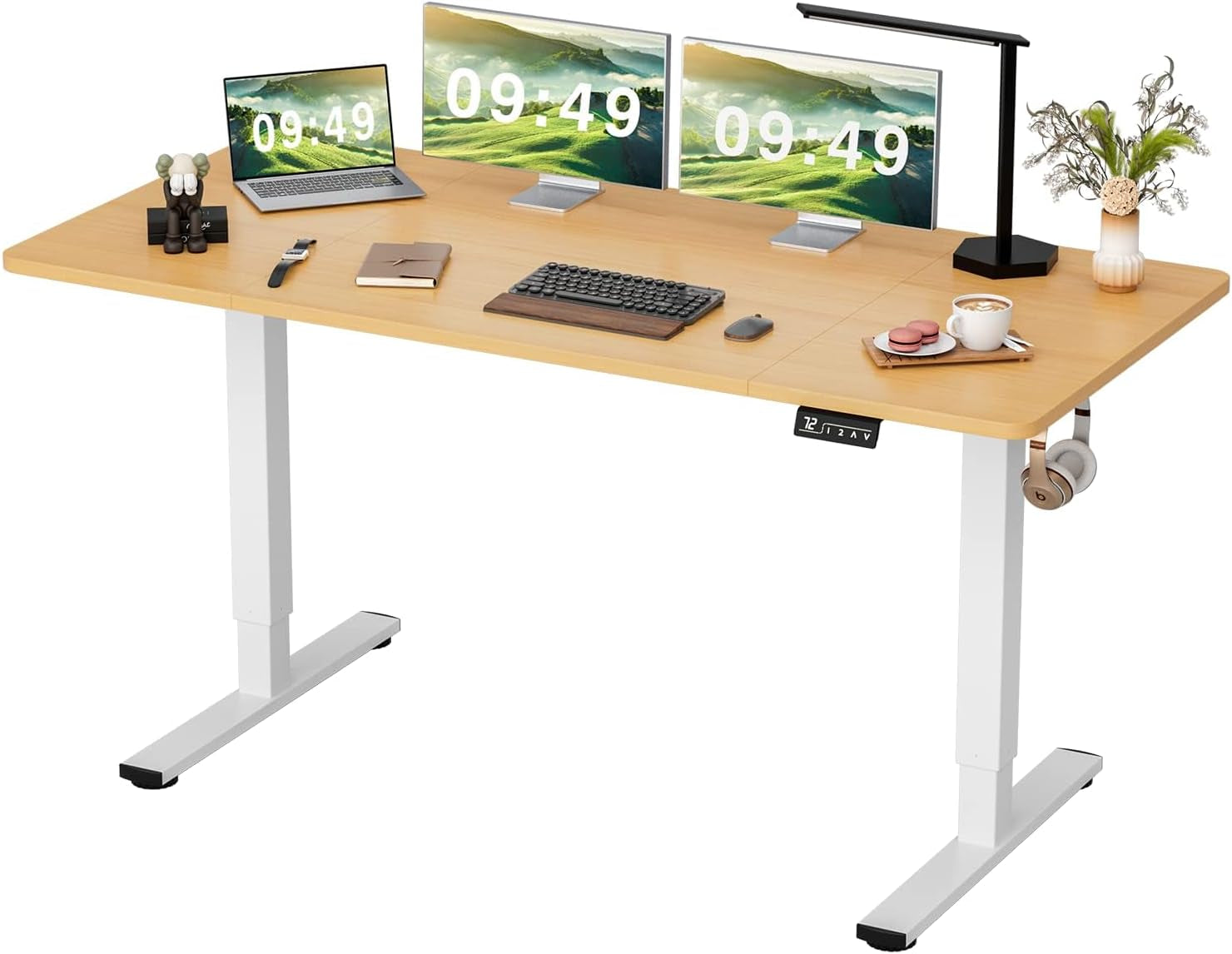 Electric Height Adjustable Standing Desk Large 63 X 24 Inches Sit Stand up Desk Home Office Computer Desk Memory Preset with T-Shaped Metal Bracket, Wood