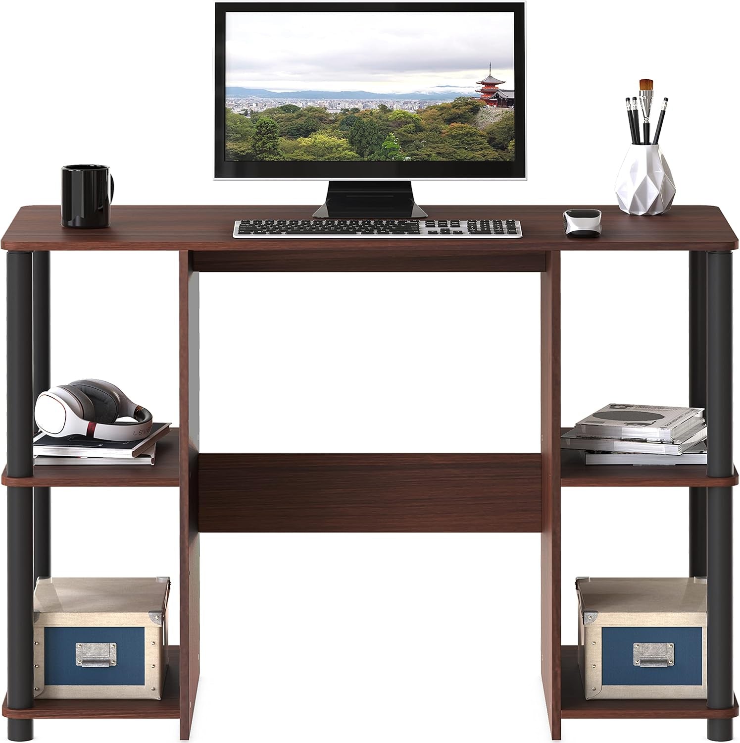 38-Inch Home Office Wood Desk with Double Sided Shelves, Cherry