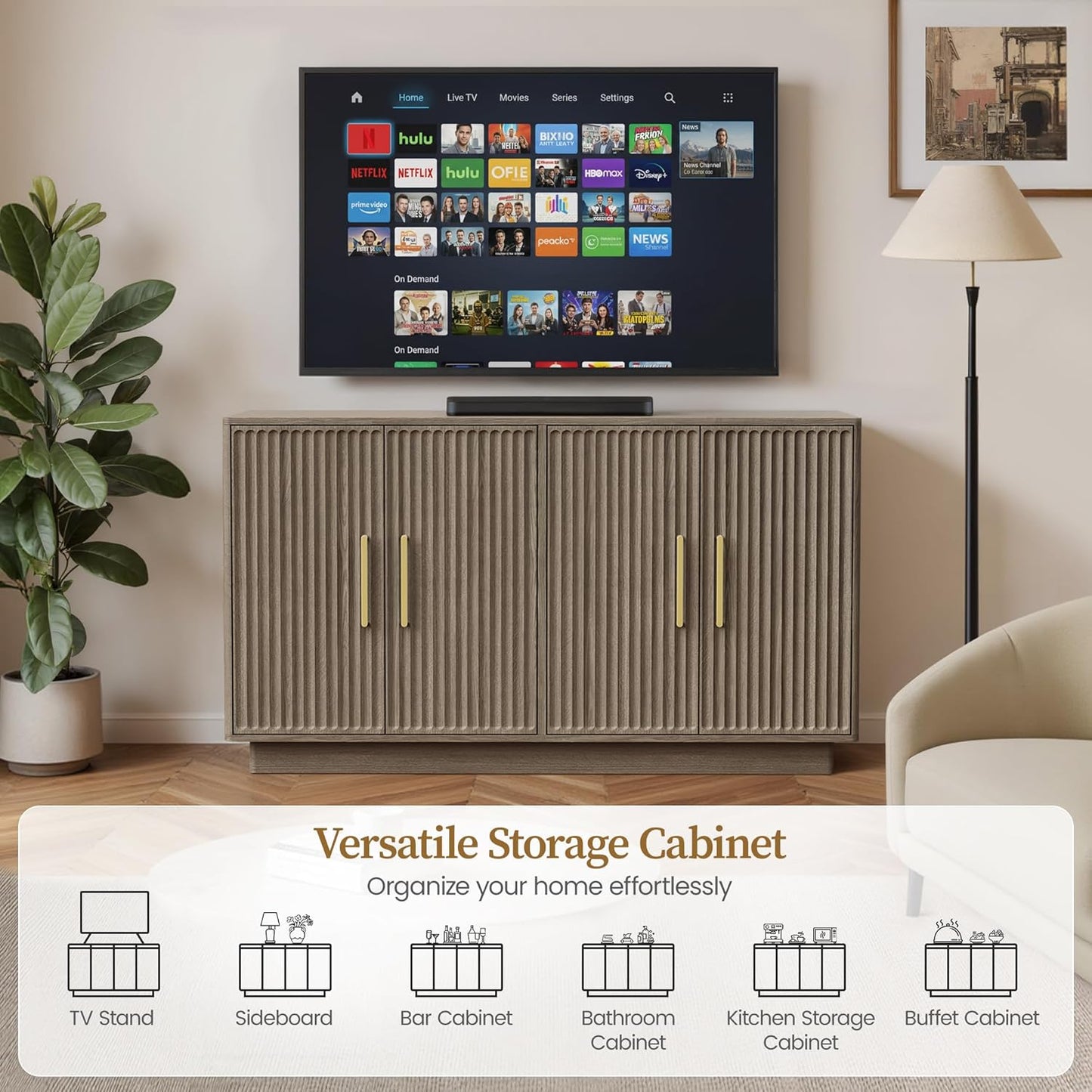 55" Modern Fluted Sideboard Buffet Cabinet, Space-Saving Storage Credenza for Home Coffee Bar, 4-Door Accent Furniture with Adjustable Shelves for Clutter-Free Living (Brown Gray)