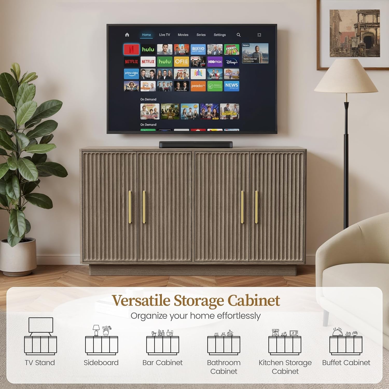 55" Modern Fluted Sideboard Buffet Cabinet, Space-Saving Storage Credenza for Home Coffee Bar, 4-Door Accent Furniture with Adjustable Shelves for Clutter-Free Living (Brown Gray)