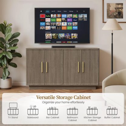 55" Modern Fluted Sideboard Buffet Cabinet, Space-Saving Storage Credenza for Home Coffee Bar, 4-Door Accent Furniture with Adjustable Shelves for Clutter-Free Living (Brown Gray)