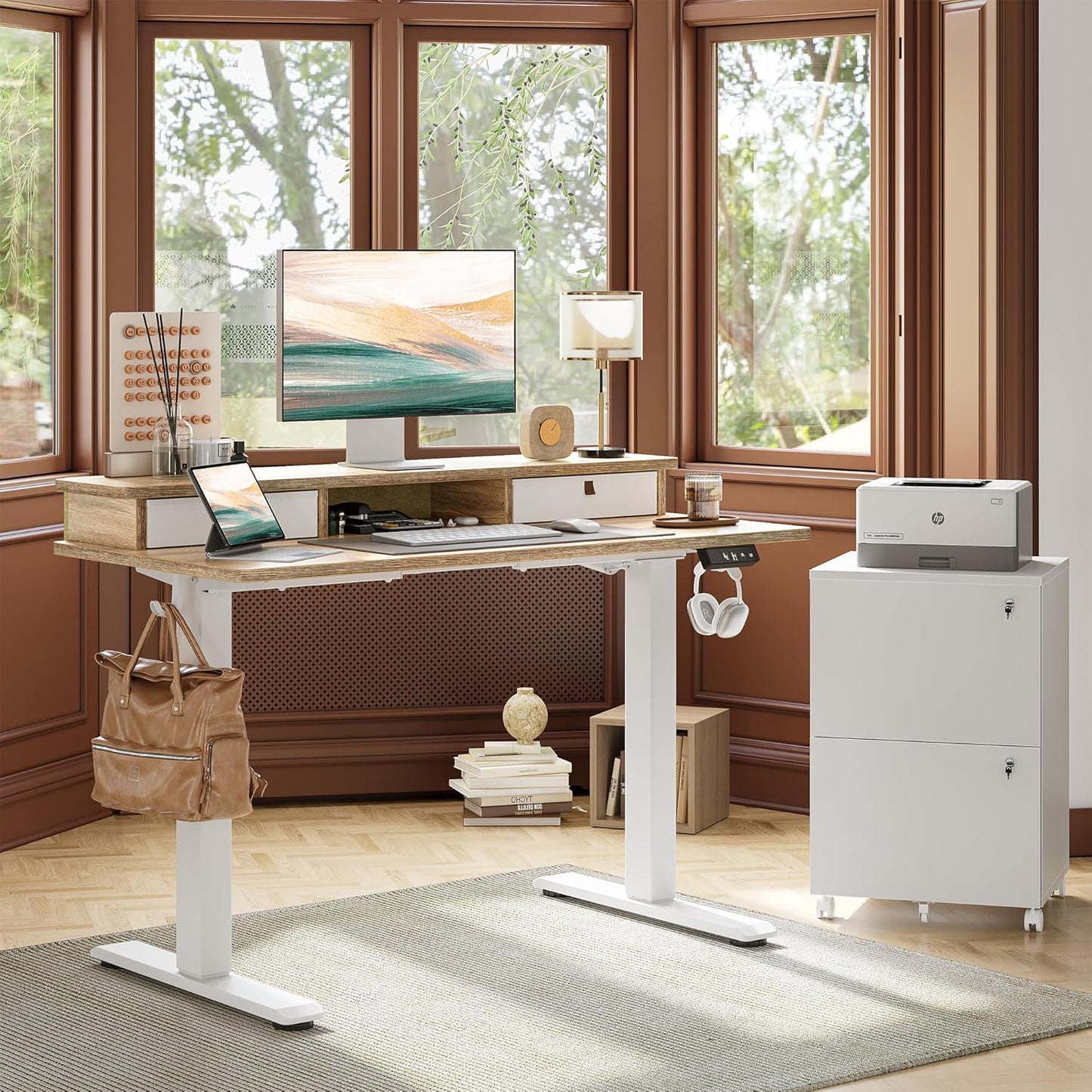 Standing Desk with Two Drawers, Stand up Standing Desk Adjustable Height, Electric Sit Stand Table with Storage Shelf and Splice Board, 48 * 24 Inch, Maple